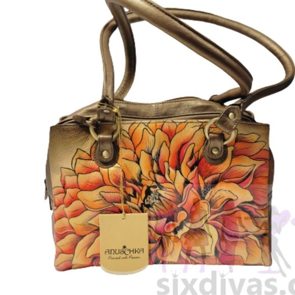 Anuschka Leather Handbag Bronze Gold Handpainted Triple Compartment Handbag - Picture 2 of 16